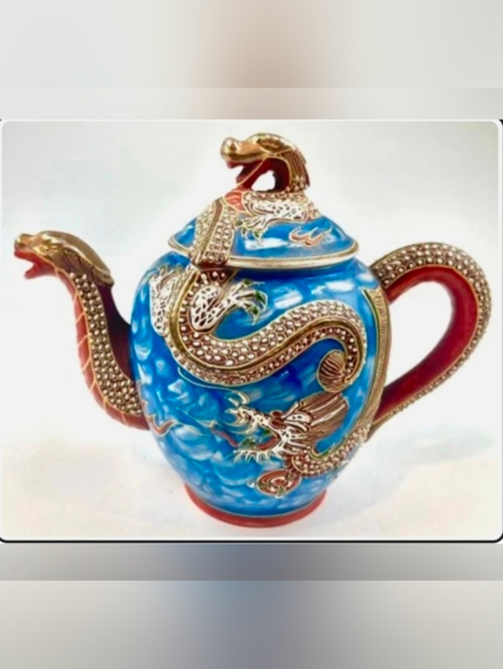 Vintage Kutani Moriage Dragon Ware Teapot Hand Painted Blue Orange